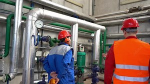 Technical Manager With Digital Tablet Walking in Slow Motion With Two Power Plant Workers Through Mechanical Room with Piping