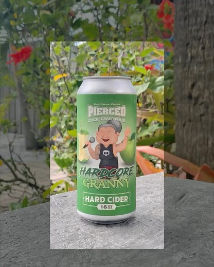 💢Can Release💢. Hardcore Granny 🍏👵🏻 •7.7% ABV• . A semi-sweet Granny Smith apple cider. . #piercedciderworks #piercedcider #keepcalmandcideron #cidermademedoit #pinkeucalyptustree #hardcider #fortpierce #fortpiercefl #fortpierceflorida #hutchinsonisland #downtownfortpierce #livemusic | Pierced Cider