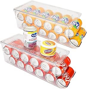 2 Pack Soda Can Organizer for Refrigerator, Stackable Canned Food Pop Cans Container Can Holder Dispenser with Lid for Fridge Rack Freezer, Clear Storage Bins-Holds 12 Cans Each (Transparent)