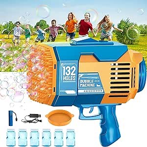 Bazooka Bubble Gun,132 Holes Bubble Blaster Machine Gun,Bubble Makers with Light/ 6 bottles Bubble Solution,Rocket Launcher Bubble Blower for Kids Adults,Summer Toy for Outdoor Birthday Party Activity