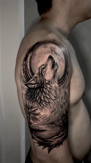 Wolf Outer Upper Arm Tattoo | Black & Grey Realism 🐺🌕