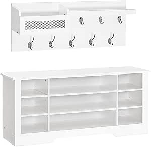 HOOBRO Coat Rack Shoe Bench Set, Hall Tree Coat Rack with Shoe Storage, 39.4 Inches Entryway Shoe Rack with Coat Rack, Mudroom Bench with Storage and Hooks, Adjustable Shelves, White WT39MT01