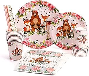 Gold Foil Girl Woodland Party Supplies, 24 Guests Dinner Plates, Dessert Plates, Cups, Gold Straws and Napkins for Baby Shower and Birthday Party, Forest Animal Friends Theme Party Supplies Pink