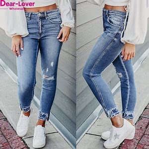 [Hot Item] Dear-Lover Women Clothing Light Blue Distressed Frayed Ankle Skinny Jeans