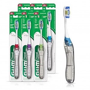 GUM Folding Travel Toothbrush, Compact Head + Tongue Cleaner, Soft Bristled Travel Toothbrushes for Adults, 1ct (6pk)