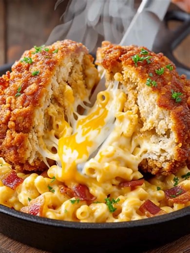 🍗 Cheese-Stuffed Fried Chicken Meteor A colossal breaded chicken sphere bursting with molten mac and cheese, crispy on the outside and gooey on the inside—an explosive comfort food showpiece. Yield: 4 servings | Temp: 350°F (175°C) | Time: ~45 min 4 Key Ingredients * 2 large chicken breasts (pounded and shaped) * 2 cups macaroni & cheese (prepared) * 2 cups shredded cheddar cheese ................................. Full Recipe in First Cօʍʍеոτ 👇 | Jesus Never Fails