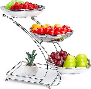 Fruit Basket for Kitchen Counter, 3 Tier Serving Bowl, Ceramic Fruit Holder for Countertop Tiered Fruit Stand with Metal Stand, Detachable Fruit Rack for Fruit Vegetable Snack Dessert Storage (Large)