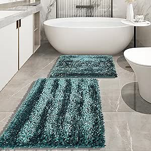 Christmas Dark Teal Bathroom Rug Set Bath Mat Chenille 2 Piece Bath Rugs Soft Super Absorbent Water Quick Dry Non Slip Washable Bath Mats for Bathroom Floor,Tub,Shower, 20x32+16x24 Inch