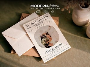 Modern Newspaper Wedding Invitation With Photo, Newspaper Save the Date Canva Template Wedding Card, Editable Printable Marriage Template A7 - Etsy