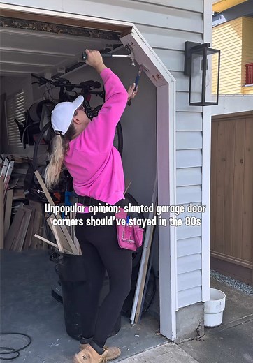 Are you team square or slanted? The angled corners were screaming 80s imo and had to go! And the black paint makes it feel like a new house! 🖤 Simple update with huge impact & mega curb appeal 😁 Follow for more DIY home upgrades that hit hard! #diyhomeprojects #diyhomeimprovement #garagemakeover #homemakeover #curbappeal