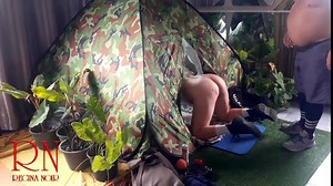 Sex in camp. A stranger fucks a nudist lady in her pussy in a camping in nature. Blowjob Cam 1
