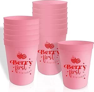 Usumz Berry Sweet 1st Baby Plastic Cups 16oz Pink Strawberry Birthday Reusable Cups Strawberry Baby Shower Birthday Drinkware Berry Theme First Birthday Party Supplies 12Pcs