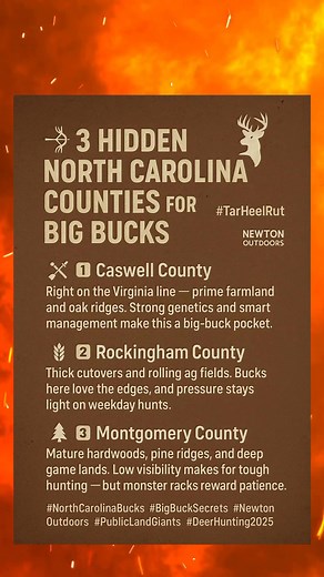 🦌 3 Hidden North Carolina Counties for BIG Bucks #TarHeelRut #NewtonOutdoors Everyone looks toward Halifax and Anson… but these 3 lesser-known Carolina counties are quietly turning out giants 👇 🏹 1️⃣ Caswell County Right on the Virginia line — prime farmland and oak ridges. Strong genetics and smart management make this a big-buck pocket. 🌾 2️⃣ Rockingham County Thick cutovers and rolling ag fields. Bucks here love the edges, and pressure stays light on weekday hunts. 🌲 3️⃣ Montgomery Count