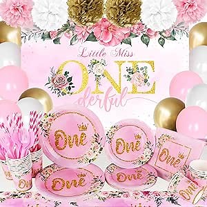 1st girl birthday party tableware, balloons, background cloth set