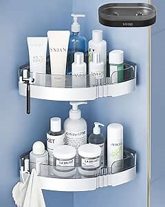 Corner Shower Caddy, 2 Pack Plastic Adhesive Bathroom Organizer with Soap Dish and 4 Hooks, Wall Mounted Shower Storage Rack