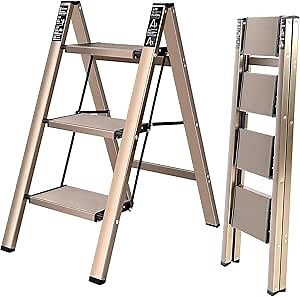 3 Step Ladder, Multi-Purpose Aluminum Alloy Lightweight Portable Folding Step Stool with Wide Anti-Slip Pedals for Home Kitchen Office, Flower Rack Stepladders(3STPE, Champagne)