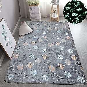 Luminous Area Rug Glow in The Dark for Bedroom Living Room, Unique Soft Washable Modern Indoor Rugs for Children Dorm Home Decor, Grey Planet 2x4 Feet