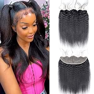 Kinky Straight Frontal Closure 12inch Yaki Straight 13x4 Lace Frontal Human Hair 100% Virgin Remy Hair Transparent HD Ear to Ear Lace Frontal Closures with Baby Hair 150% Density Natural Color
