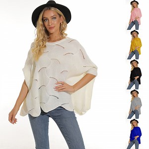 [Hot Item] Women O-Neck Bat Sleeve Hollow-out Loose Knit Pullover Sweater