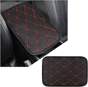 Leather Car Armrest Cover for Scratch Center Console Protector,Rhombic Embroidery Car Arm Rest Cushion Car Decoration for Women/Men and Most Car SUV Pick-up Truck (Black/Red)