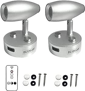 2PCS 12V - 24V Reading Lights for RV Above Bed Dimmable with Remote Control, 12 Volt Led Lights for RV Interior, Camper Lights Fixtures USB Charging for Truck Boat (Silver)