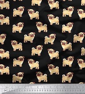 Soimoi Dressmaking Pug Dog Print 58 Inches Wide Decorative Cotton Cambric Fabric By The Yard - Black
