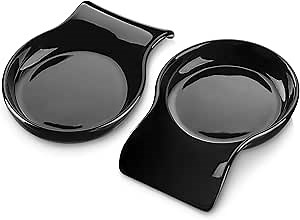 LOVECASA Spoon Rest for Stove Top, Kitchen Spoon Holder Stoneware Utensil Rest, 5.5 Inch Cooking Spoon Holder for Kitchen Counter, Black Coffee Spoon Rest 2 PCS