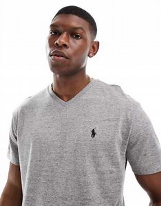 Camiseta gris jaspeado con cuello de pico y logo Icon de Polo Ralph Lauren | ASOS