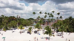 DOMINICAN REPUBLIC - BOCA CHICA 2022 - Aerial over resort hotels for tourists in the Caribbean.