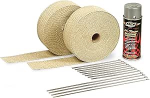 Design Engineering 010112 Exhaust/Header Wrap Kit with Hi-Temp Silicone Coating Spray - Tan Wrap/Aluminum Spray