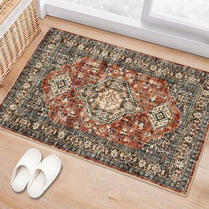 Lahome Oriental Washable Small Area Rug, 2x3 Rugs for Entryway Kitchen, Ultra-Thin Soft Indoor Door Mat Non Slip Throw Carpet for Bedroom Bathroom, Brick Red