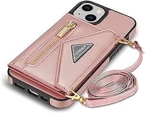 Zipper Wallet Purse Compatible with iPhone 14 Plus Crossbody Case with Strap Women Credit Card Holder Lanyard 6.7'' Kickstand Flip Leather (Pink,IP 14 Plus)