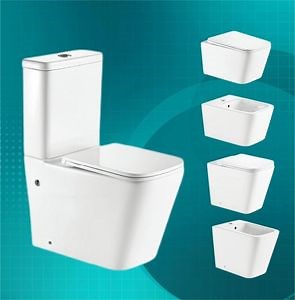 [Hot Item] Two Piece Wc Bidet Wall Hung Toilet Whole Series Modern Square Shape Design Rimless Flush Toilets European White Two Piece Toilets