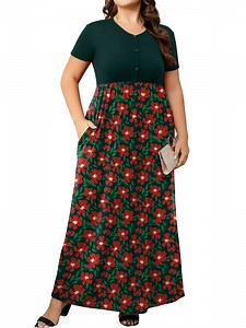 Cuteduck Womens Plus Size Maxi Dress Short Sleeve Floral Print Empire Waist Summer Dress with Pockets 1X-5X