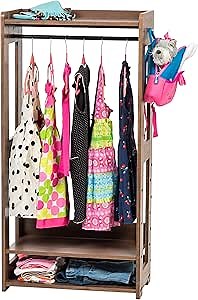 IRIS USA, Inc. Open Wood Clothing Costume Garment Hanging Rack Armoire Wardrobe Dresser Organizer with Shoe Shelves and Side Hook, for Nursery, Kids Room, Closet, Dress-Up Center, Small Spaces, Brown