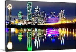 CANVAS ON DEMAND Downtown Dallas Skyline Reflections in the Trinity River Canvas Wall Art Print Modern, Home Decor, Landscape Artwork, Nature Artwork, 24" x16in