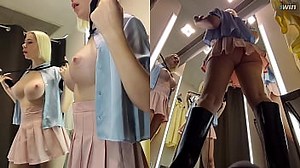 Hidden camera in dressing Room. Upskirt view on a juicy PUSSy