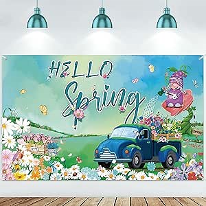 Moukeren Spring Backdrop 73 x 43 Inch Hello Spring Banner Blue Truck Gnome Daisy Butterfly Backdrop Decorations for Photography Background Photo Prop Booth Easter Party Decor