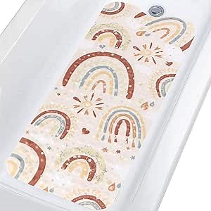 Topotdor Baby Bathtub Mat Non Slip for Kids, 40 X 16 Inch Cute Cartoon Bath Tub Shower Mat Anti Slip with Suction Cups & Drain Holes, Boho Rainbow