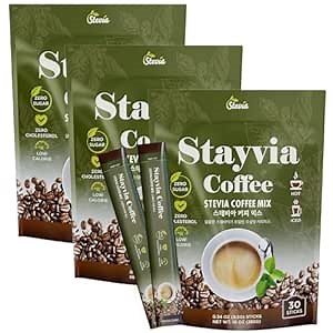 STAYVIA COFFEE Stevia Instant Coffee Packets - Korean Instant Latte with Sugar-Free & Low Calories - 90 Sticks (0.33oz) - Plant-Based Sweetener - Enjoy Caffeine Hot & Cold at Office, Home & Travel