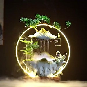 Horse Indoor Water Fountains and Waterfalls with Mist Feng Shui Zen Water Fountain for Meditation Strees Relief Japanese Decor with Fake Plants for Fortune Wealth