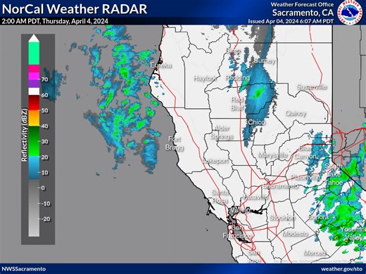 Radar shows the approaching system spinning offshore that will bring an increase in showers across interior NorCal by midday. If you're planning travel across the mountains, try to do so this morning as conditions will deteriorate this afternoon. Visit http://quickmap.dot.ca.gov for updates on highway conditions. | US National Weather Service Sacramento California