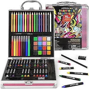 ARTEZA Kids Painting & Drawing Kit, 75-Piece Bundle, 18 Mini Colored Pencils, 16 Watercolor Paints, 14 Oil Pastels, 14 Crayons