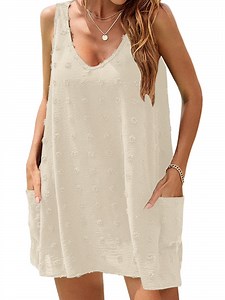 UVN Summer Swimsuit Coverups for Women Bathing Suit Ladies Pom Pom Beach V Neck Tank Dress with Pockets