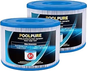 POOLPURE Hot Tub Filter, 29001E, Type S1 PureSpa Filter, 11692 Spa Filter, Easy Set Pool Cartridges Replacements for Various PureSpa Swimming Pool Pump, 4.2 x 2.8 Inches, 2 Pack