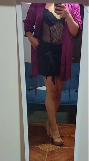 Crossdresser black bodysuit with skirt and mules high heels #mules #heels #legs #feet #viral