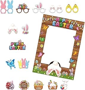 Easter Photo Booth Props Happy Easter Party Decorations Photo Booth Props with Selfie Frame Bunny Photography Props for Spring Welcome Party Supplies