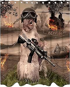 Funny Squirrel Warrior Shower Curtain Helicopter Animal Bathroom Set with 12 Hooks 78Hx72W inch Polyester Machine Washable Waterproof Brown Black and Green