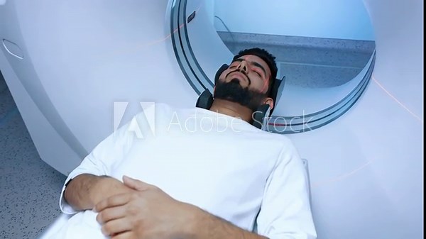 Positron emission tomography. CT or MRI scanner during machine imaging body, lights up infrared rays and male patient passes through circle. Modern laboratory, x-ray expectation room in hospital.