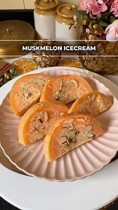 Muskmelon Ice-Cream Ingredients 🍈 Muskmelon – 1 (medium, pulp scooped and seeds removed) 🥛 Milk – 2 cups 🍬 Sugar – 4 tbsp 🥄 Custard Powder – 2 tbsp 💧 Water – 4 tbsp (to make slurry) 🌿 Soaked Basil Seeds – 1 tbsp 🥜 Chopped Cashews – 1 tbsp 🥜 Chopped Almonds – 1 tbsp 🍇 Raisins – 1 tbsp Method -Muskmelon ke seeds nikaal kar pulp ko cut kar lein -Ek pan mein milk 🥛 aur sugar ko boil karein Custard powder ko paani mein dilute karke slurry bana lein -Slurry ko milk 🥛 mein daal kar continuou